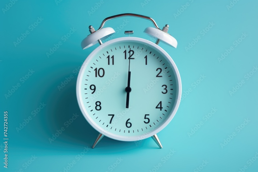 Poster a simple white alarm clock on a bright blue background. suitable for time management concepts