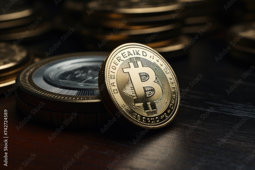 Poster A single bitcoin sitting on top of a stack of coins. Suitable for financial concepts