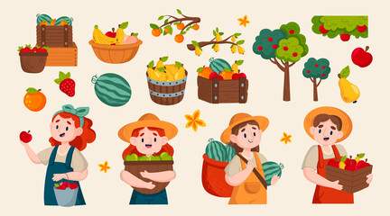 Hand drawn flat fruit harvest original elements set with people collecting fruits