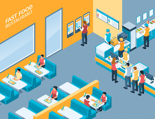 Isometric fast food composition background with people having lunch in a restaurant