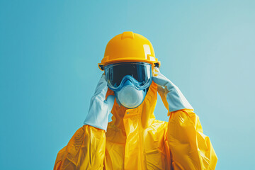 A person in full yellow protective clothing is adjusting a safety helmet against a blue background..