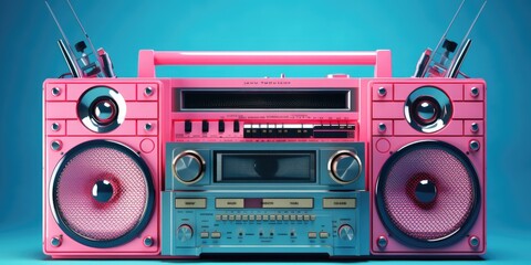 A pink boombox resting on a blue surface. Ideal for music-related designs