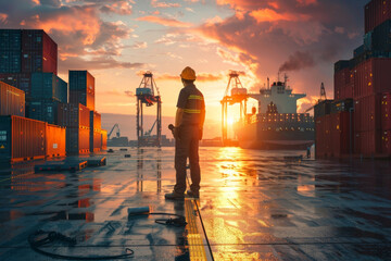 Back side a logistics engineer, foreman, worker control loading containers box from Cargo freight ship at sunset, Container cargo logistic sea port freight shipping transportation concept. - obrazy, fototapety, plakaty