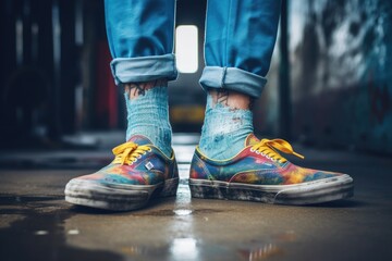 Person with vibrant shoes standing in a room, suitable for fashion blogs - obrazy, fototapety, plakaty