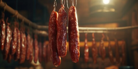 A bunch of sausages hanging from a rope, perfect for food industry promotions - obrazy, fototapety, plakaty