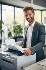 Businessman in suit holding a printer. Suitable for office and technology concepts