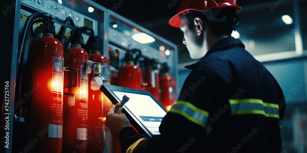 Poster Construction worker in hard hat using digital tablet. Suitable for construction, technology concepts
