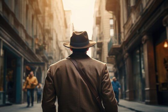A man in a hat walking down a street. Suitable for urban lifestyle concepts