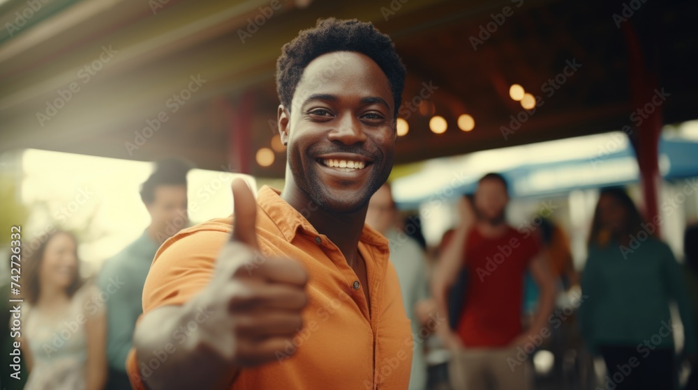 Poster a man giving the thumbs up sign in front of a group of people. suitable for business and teamwork co