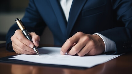 Businessman use elegant pen to signing contract in modern office. The entrepreneur employs a pen to create a notation on the booking schedule.