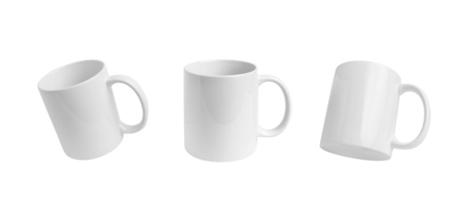 Three positions showcase a classic white mug transparent. Versatile image perfect for Print-on-Demand design promotion, marketing, and advertising
