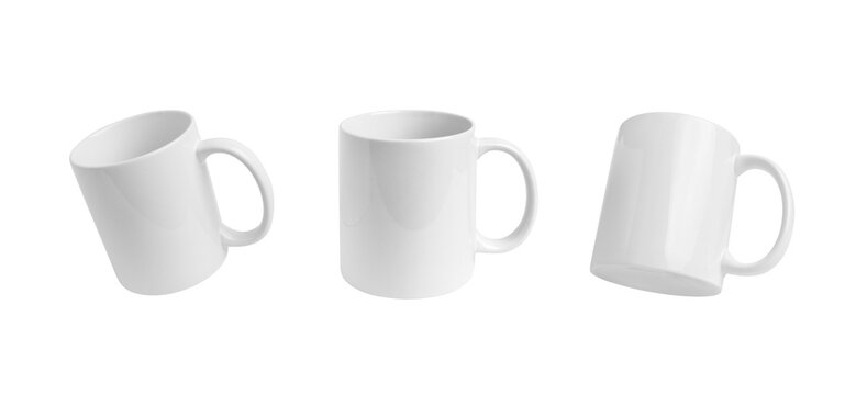 Three positions showcase a classic white mug transparent. Versatile image perfect for Print-on-Demand design promotion, marketing, and advertising