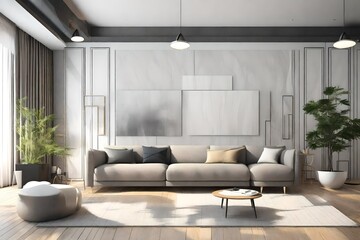 Fototapeta premium Modern small living room interior with TV wall feature 3D Rendering, 3D Illustration