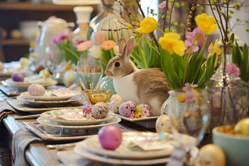 Bright festive table setting for Easter with rabbit, spring bouquets of flowers, decorative eggs and colorful dishes - obrazy, fototapety, plakaty