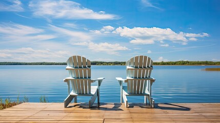 relaxation lake dock chairs - obrazy, fototapety, plakaty