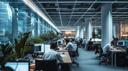 Modern neon cyberpunk open space office interior blurred with information technology overlay. Corporate strategy for finance, operations, marketing. Tables with computers for work. Technology