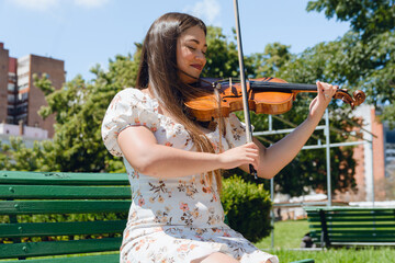 Waist up portrait of working woman street artist violinist