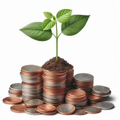 Fototapeta na wymiar A plant coming out of coins isolated on white background 