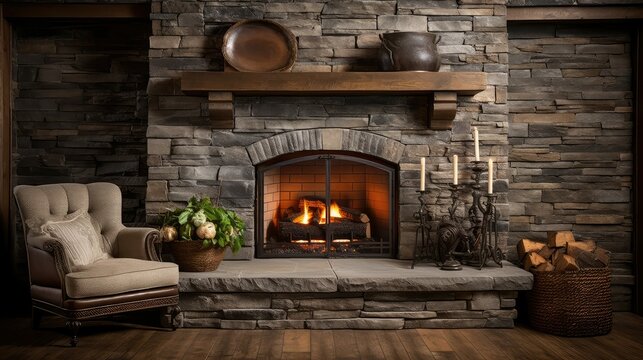 rustic stone fireplace