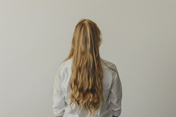 A girl with beautiful long blonde hair stands back wall - obrazy, fototapety, plakaty