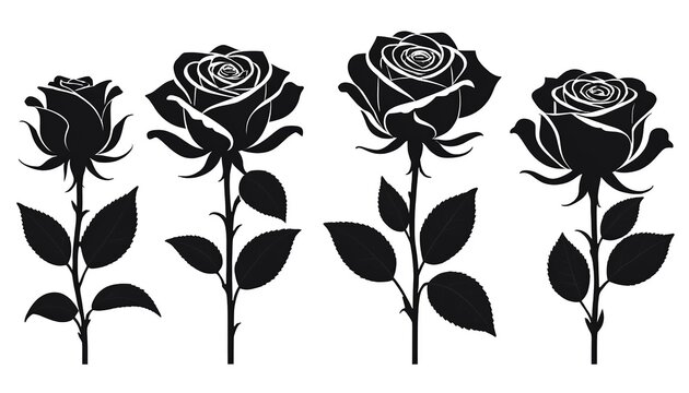 Modern Flat Style Vector of Black Rose Flower Silhouettes