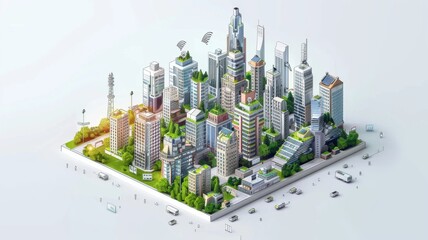 Eco-Friendly Urban Design - A sustainable city model with green buildings, renewable energy sources, and eco-parks. Showcasing how urban areas can thrive in harmony with nature.