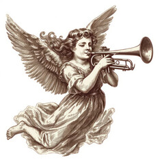 Christmas Angel flying and trumpet on pipe. Religious holiday. " ai generated "