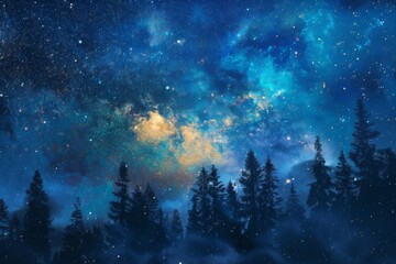 Starry Forest Sky - A captivating forest silhouette against a backdrop of a star-filled night sky. - obrazy, fototapety, plakaty