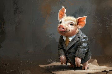 A piglet dressed in a suit and tie is sitting on top of a piece of paper, exuding a professional and sophisticated aura