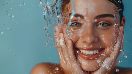Fototapeta na wymiar Beautiful Model Woman with splashes of water in her hands. Beautiful Smiling girl under splash of water with fresh skin over blue background. Skin care, Cleansing and moisturizing concept. Beauty face