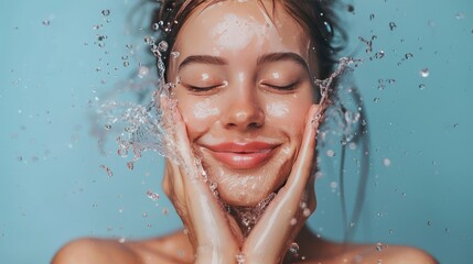 Beautiful Model Woman with splashes of water in her hands. Beautiful Smiling girl under splash of water with fresh skin over blue background. Skin care, Cleansing and moisturizing concept. Beauty face - obrazy, fototapety, plakaty