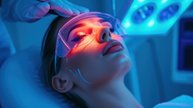 Woman undergoing a laser treatment, emphasizing the professionalism and advanced technology involved in modern skincare procedures. 