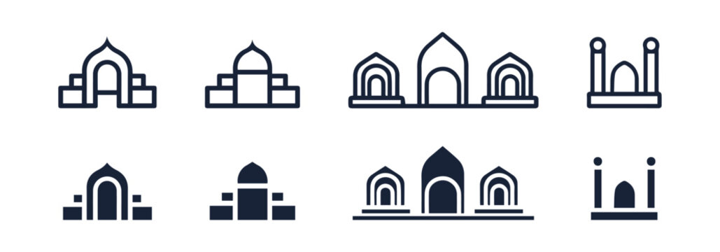 minimalist mosque dome logo icon template set. Islamic masjid logo symbol template. Muslim linear mosque icon isolated vector illustration