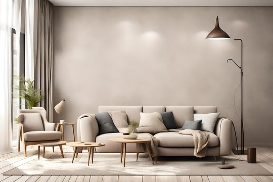 Living room interior with comfortable furniture, coffee tables and floor lamp. Empty wall mock up