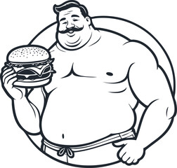 Fat man with burger, vector illustration - 742731524