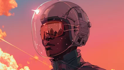 Poster illustration of a young African American pilot wearing a helmet. © Владимир Германович