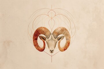 A detailed drawing of a rams head with long, curved horns, showcasing the majestic and powerful symbol of the zodiac sign Aries