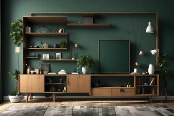 Modern interior of living room with cabinet for tv on dark green color wall background.3d rendering