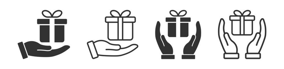 Hand holding surprise icon. Christmas, birthday present. Box with ribbon. Celebration sign.