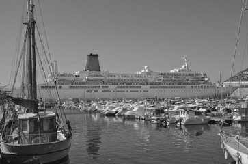 Classic cruiseship cruise ship liner Celebration docked at pier in Cartagena Espana port, Spain...
