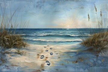 A serene beach scene captured in a painting, featuring intricate footprints leading across the sandy shore, evoking a sense of peaceful exploration and connection with nature