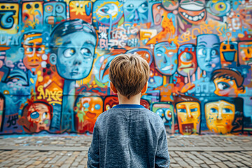 A child boy seen from behind, standing in front of a colorful mural