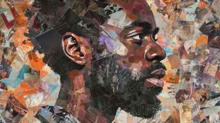 Visually striking collage portrait of a black skin man, incorporating various elements to celebrate individuality and diversity.

