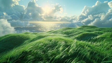 Field with tall green grass and blue sky in the background, fluffy white clouds. Generative AI