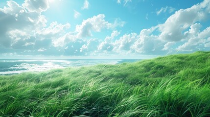 Field with tall green grass and blue sky in the background, fluffy white clouds. Generative AI