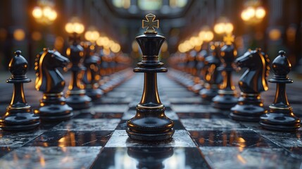 Chess pieces on the board. The king of chess pieces is in the foreground. Generative AI