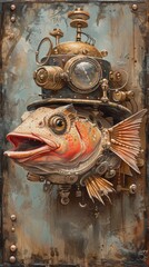 A painting of a fish and a diver helmet. Surreal illustration with steampunk and wild west elements.