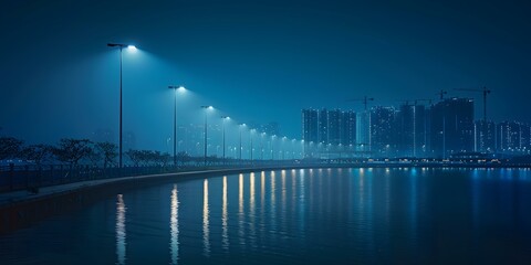 Cityscape at night with hydrogen fuel cell streetlights for clean energy. Concept Cityscape, Night Photography, Clean Energy, Hydrogen Fuel Cells, Urban Environment
