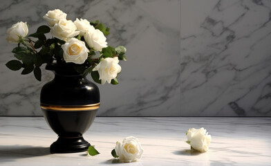White roses in a black vase. Urn with flowers. Generative AI