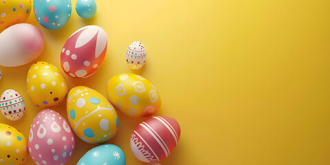 Fototapeta na wymiar Colorful Easter Background With Easter Eggs, Bunny Ears, Painted Eggs, Rabbit, Eggs On Meadow - Ai Generated
